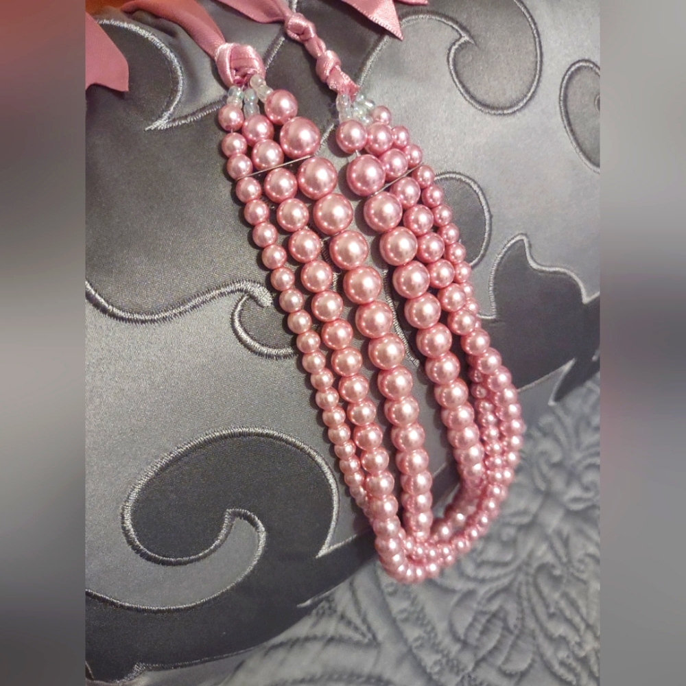 Pink Faux Pearl with Ribbon Necklace. Length 10 to 20 inches